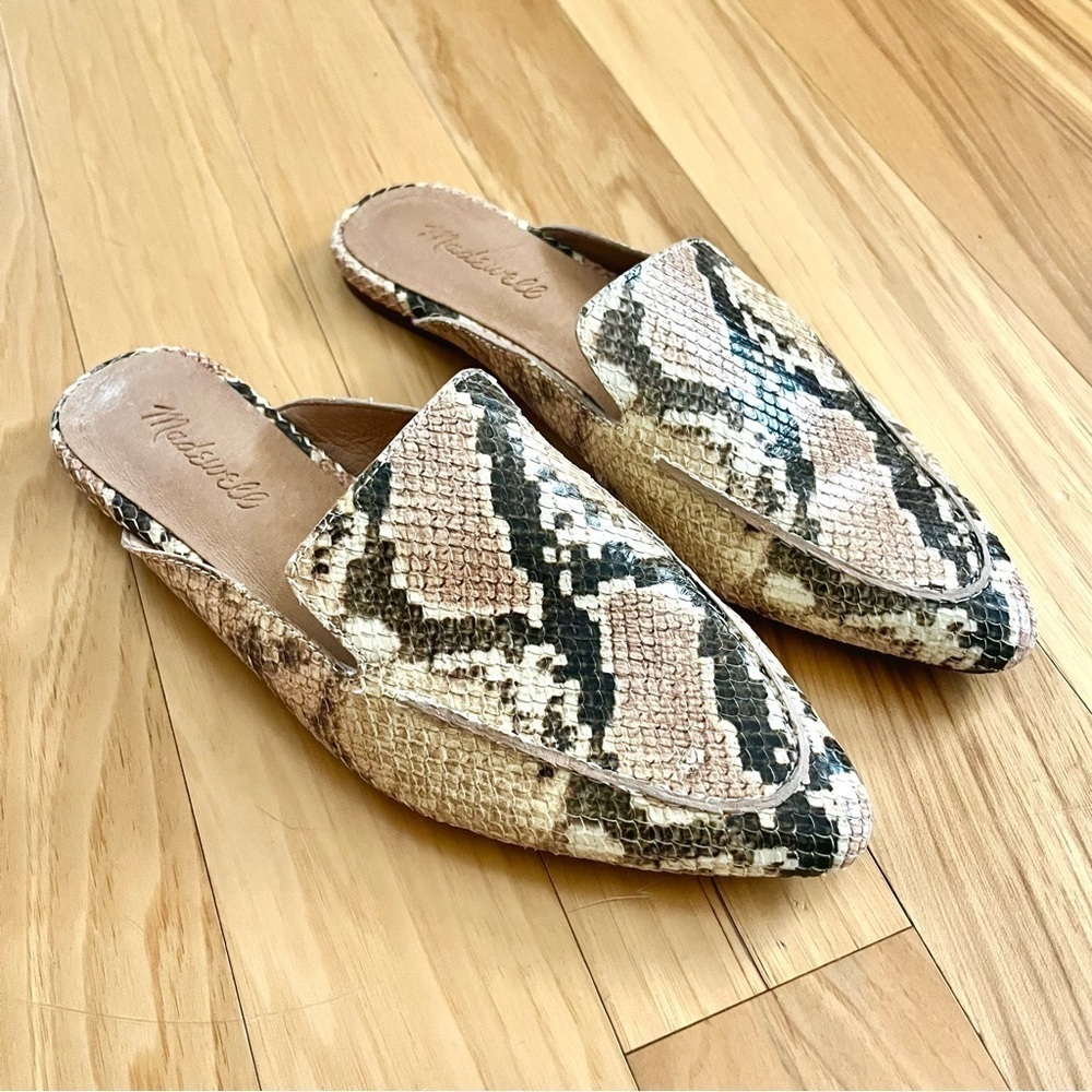 Madewell Frances Skimmer Flat Mules in Neutral Leather Snake Print - Picture 3 of 8